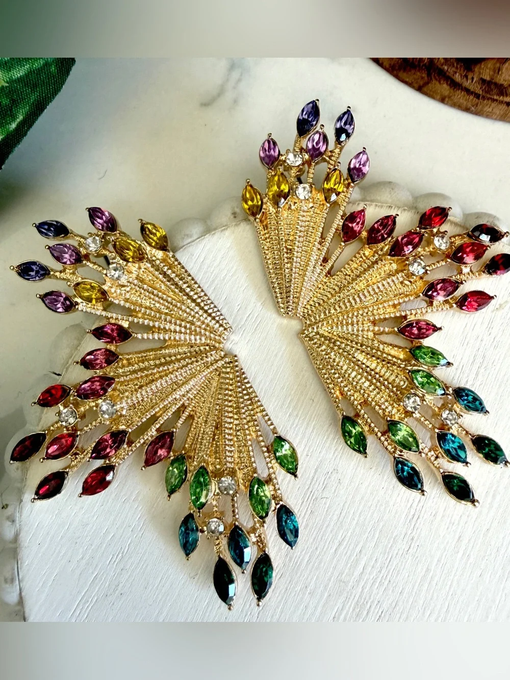 Colorful Rhinestone Starburst Fan Gold Earrings Statement Jewelry Art Deco NEW